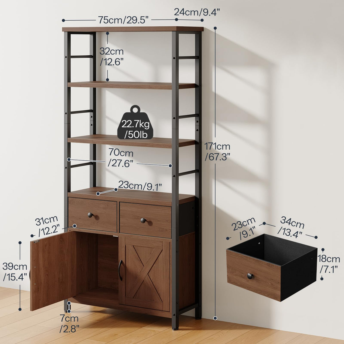 Wooden and Metal Bookshelf with Doors and Drawers E68593