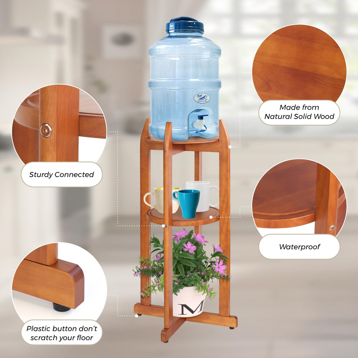 Solid Wood Water Dispenser Stand with 2 Shelves R50161