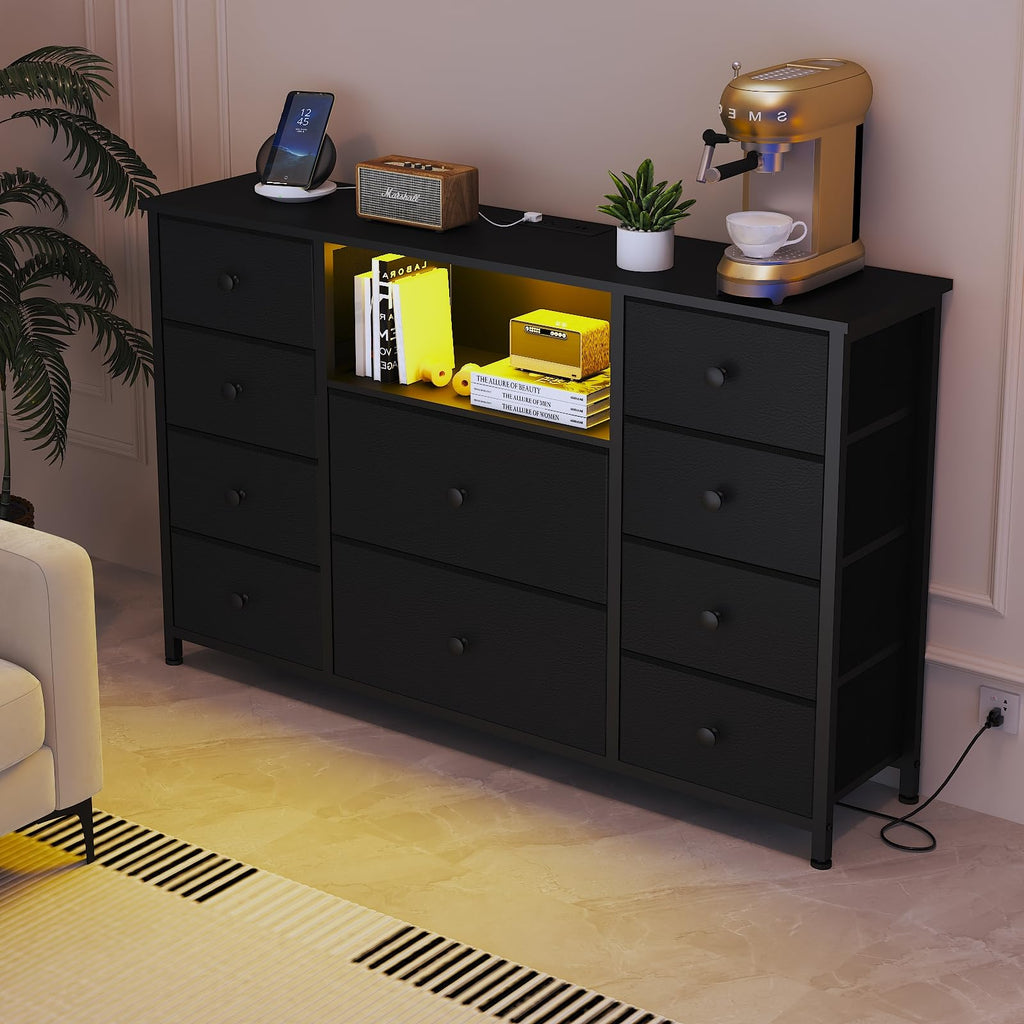 Black Dresser with Charging Station and LED Lights T558
