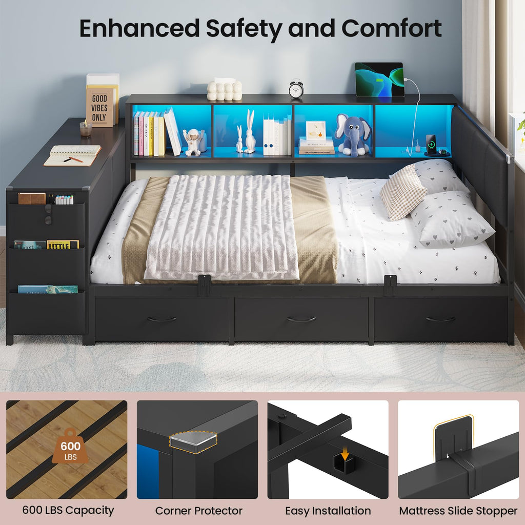 Twin Corner Bed with 6 Storage Dressers, 3 Drawers & Bookcase, Charging Station and LED Light, Desk, Upholstered Headboard, Black D716