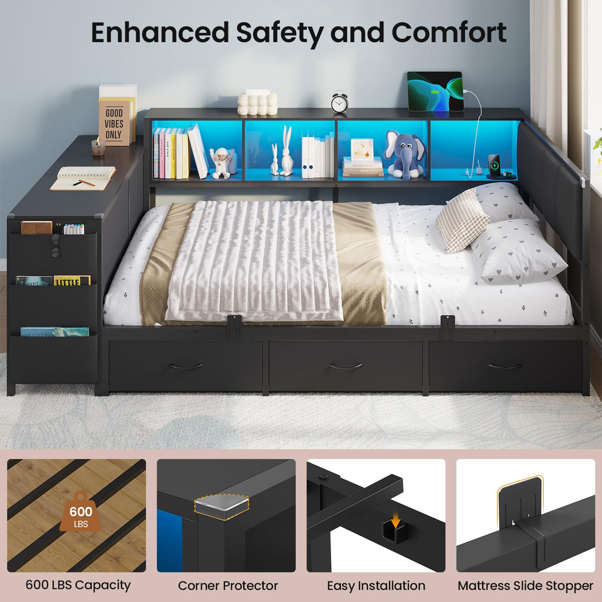 Twin Corner Bed with 6 Storage Dressers, 3 Drawers & Bookcase, Charging Station and LED Light, Desk, Upholstered Headboard, Black D716