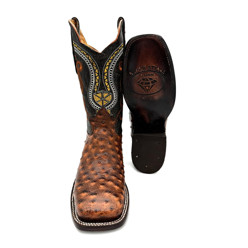 Leather Ostrich Quill Print Square Toe Western Cowboy Boot B4862
