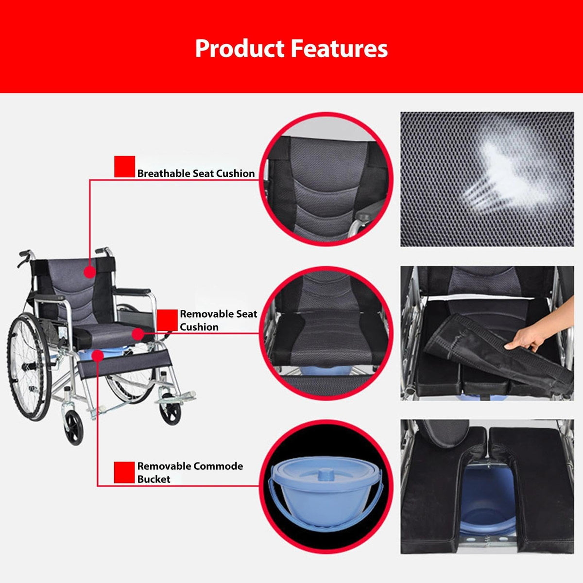 Foldable Reclining Wheelchair with Commode Bucket and Tray Table Z7047