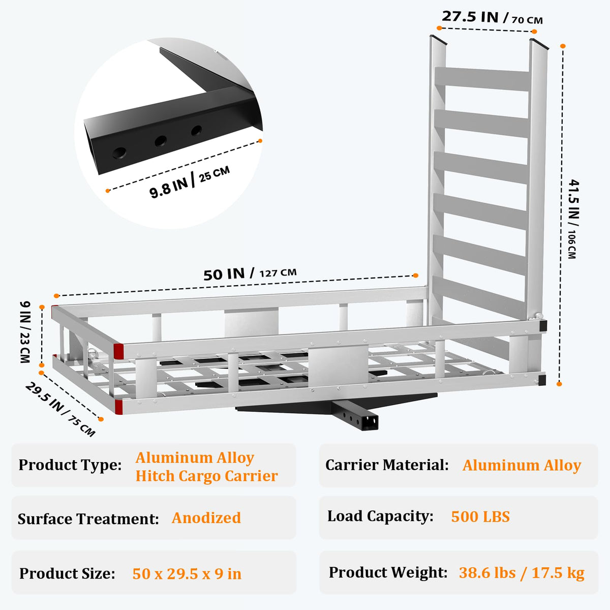 500LBS Aluminum Alloy Folding Hitch Cargo Carrier with Ramp A961