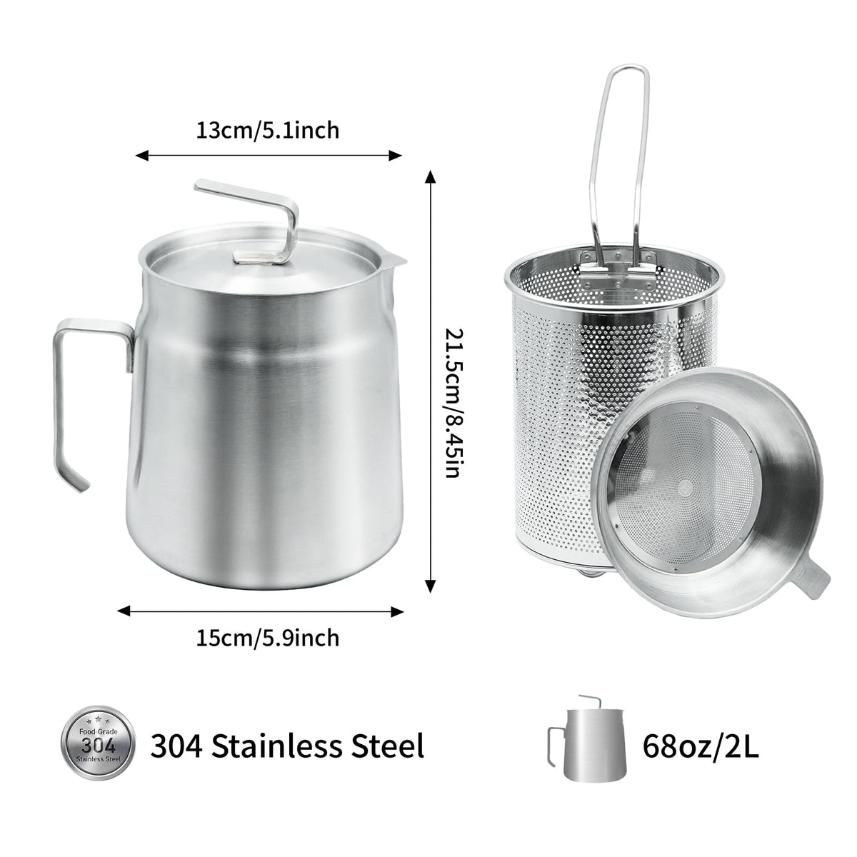 68oz Stainless Steel Oil Filter Pot with Fryer Basket V627991