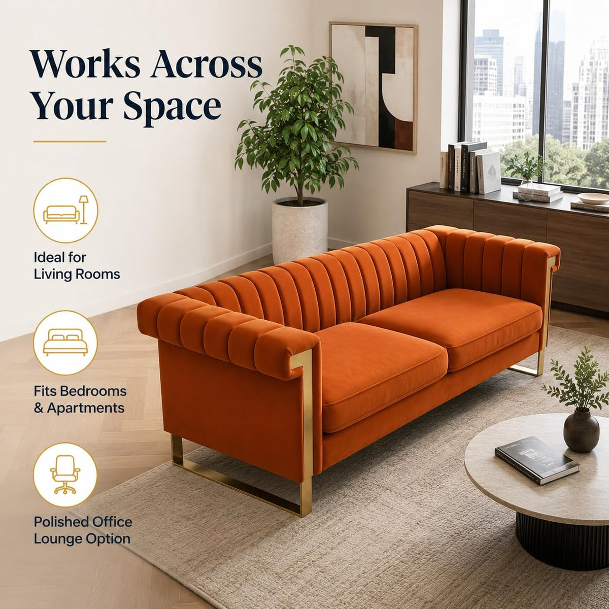 Orange Velvet Channel Tufted Sofa with Gold Metal Legs C7508