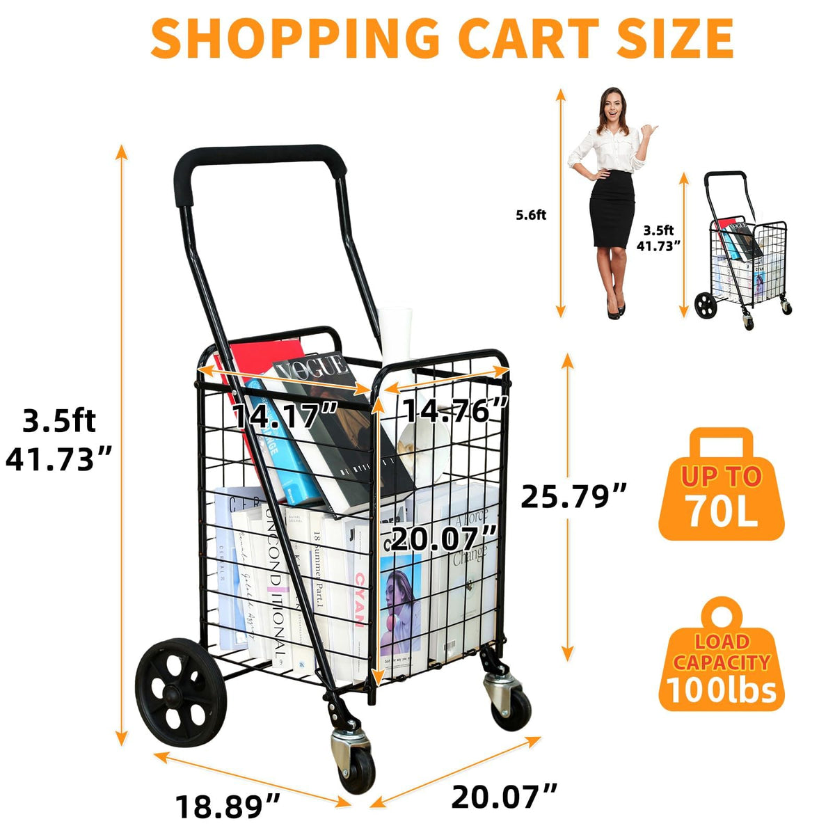 Grocery Shopping Cart with Swivel Wheels, Collapsible Utility Cart O5934