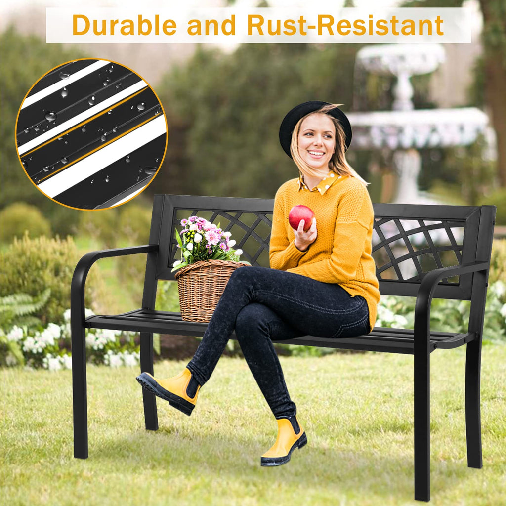Black Cast Iron Outdoor Garden Bench with Mesh Backrest I106