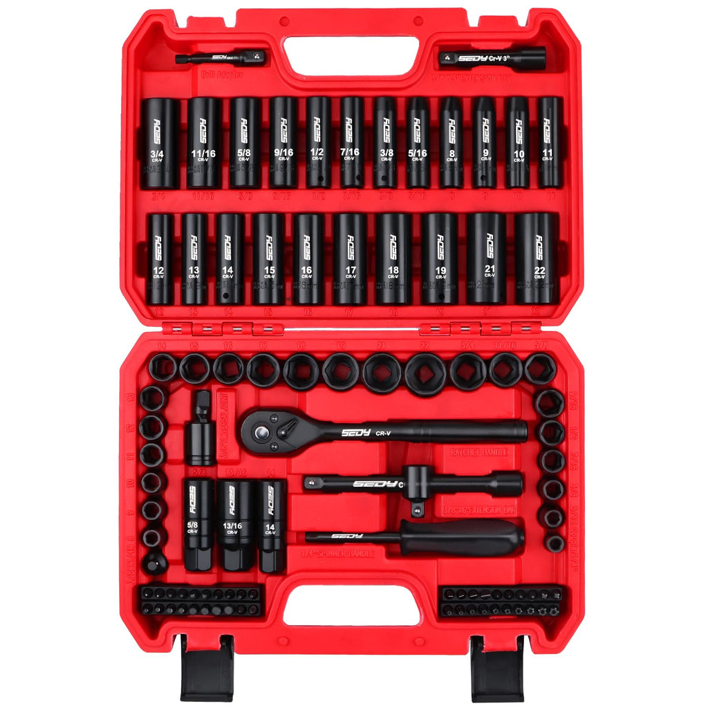 96-Piece 3/8" Drive Impact Socket Wrench and Bit Set, SAE & Metric, Cr-V Standard & Deep Sockets S63866