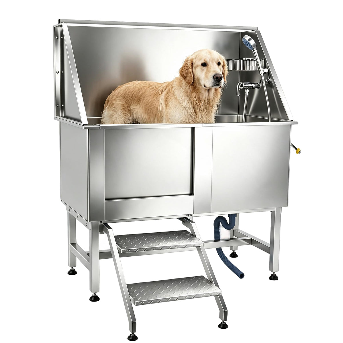 304 Stainless Steel Dog Washing Station with Stairs and 2 Drawers U319606
