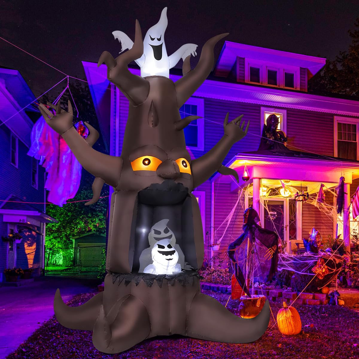 9 Ft Animated Inflatable Dead Tree and White Ghost with Built-In LEDs M6900