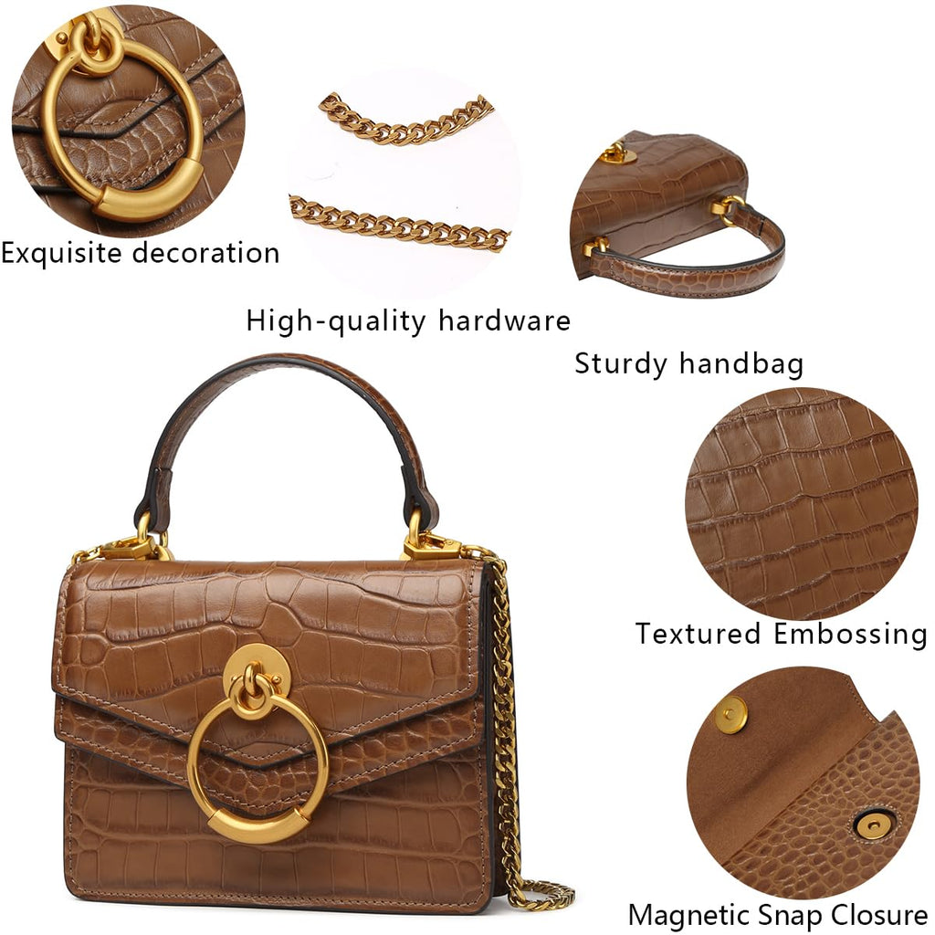 Croc Embossed Top Handle Leather Mini Crossbody Handbag Y709