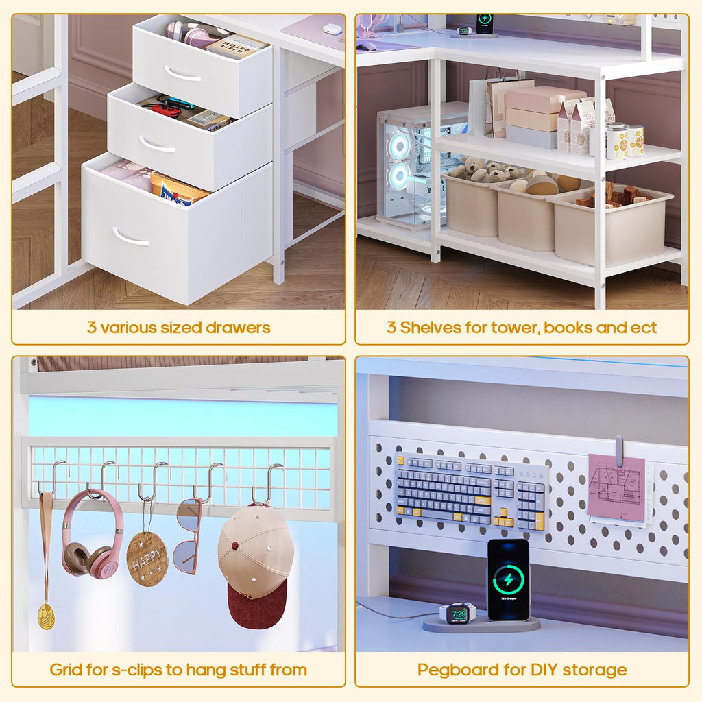 White Twin Gaming Loft Bed with Desk Q588