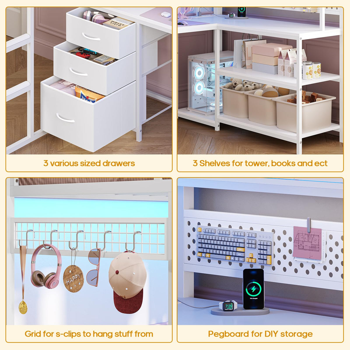 White Twin Gaming Loft Bed with Desk Q588