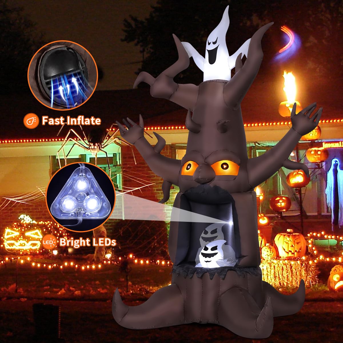 9 Ft Animated Inflatable Dead Tree and White Ghost with Built-In LEDs M6900