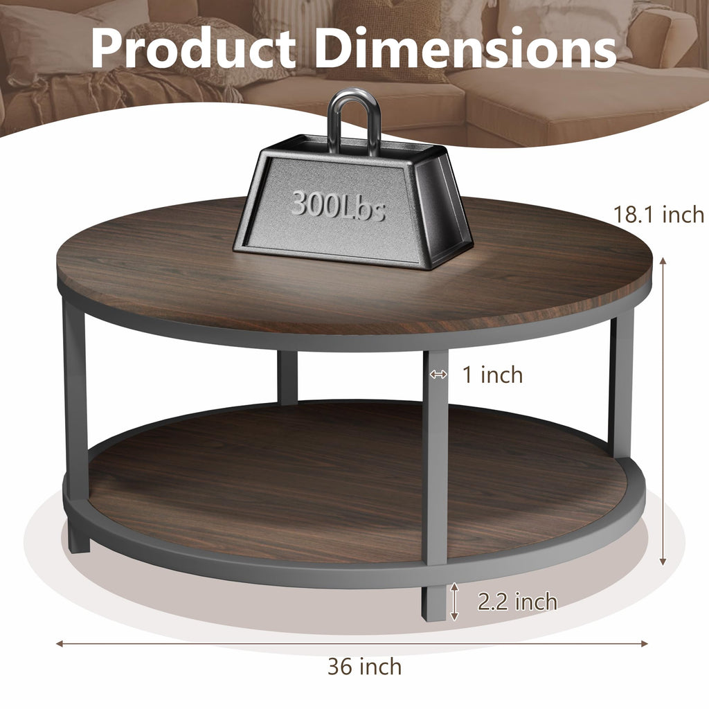 36" Round 2-Tier Coffee Table with Storage Shelf, Black Walnut K941929