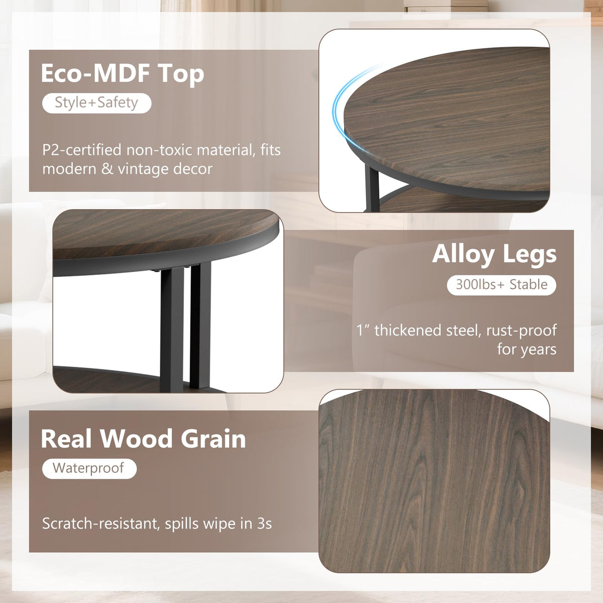 36" Round 2-Tier Coffee Table with Storage Shelf, Black Walnut K941929