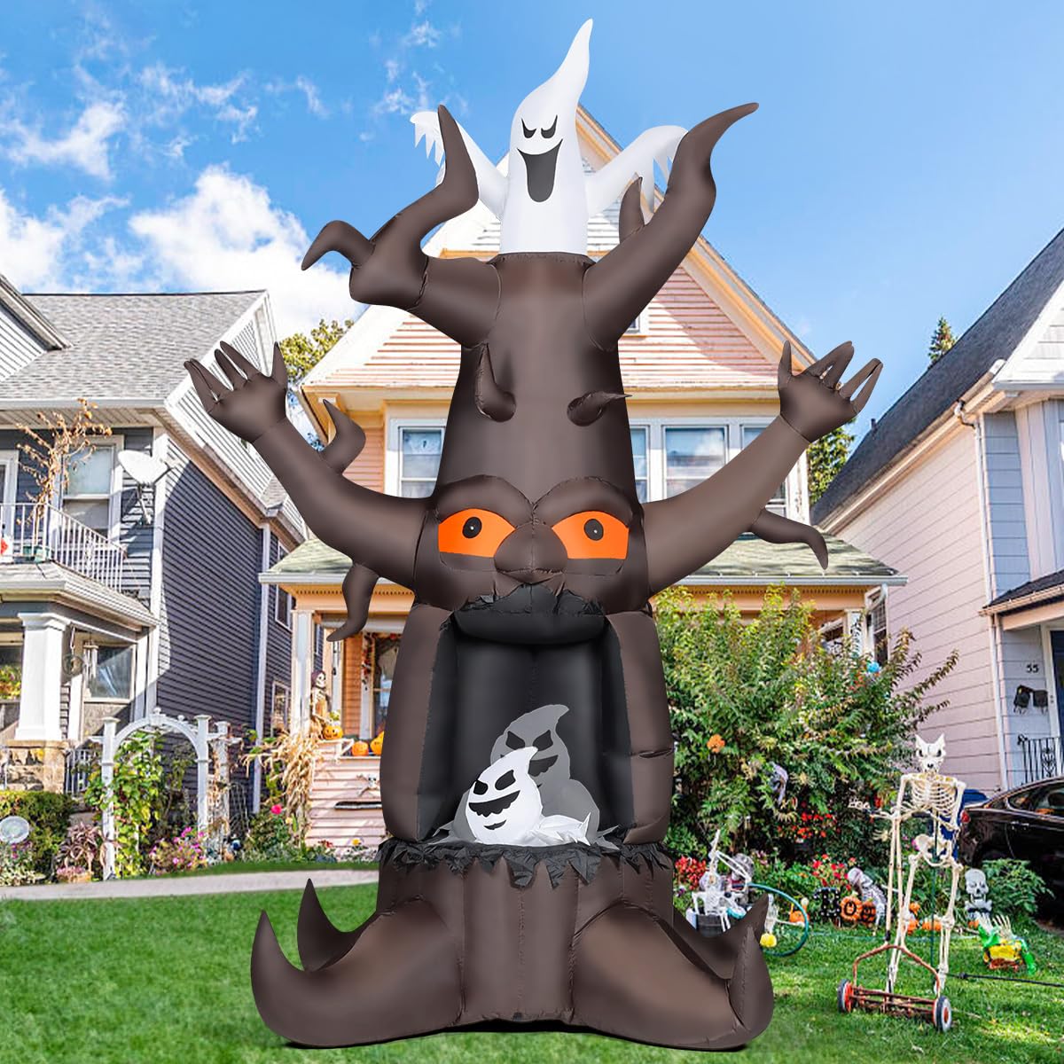9 Ft Animated Inflatable Dead Tree and White Ghost with Built-In LEDs M6900