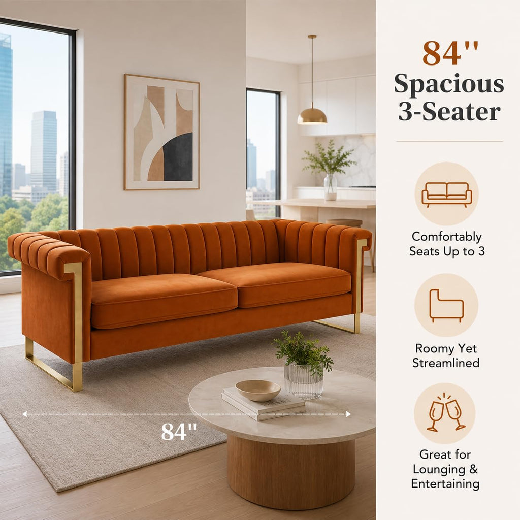 Orange Velvet Channel Tufted Sofa with Gold Metal Legs C7508