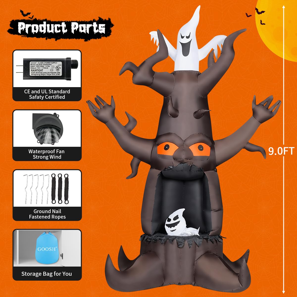 9 Ft Animated Inflatable Dead Tree and White Ghost with Built-In LEDs M6900