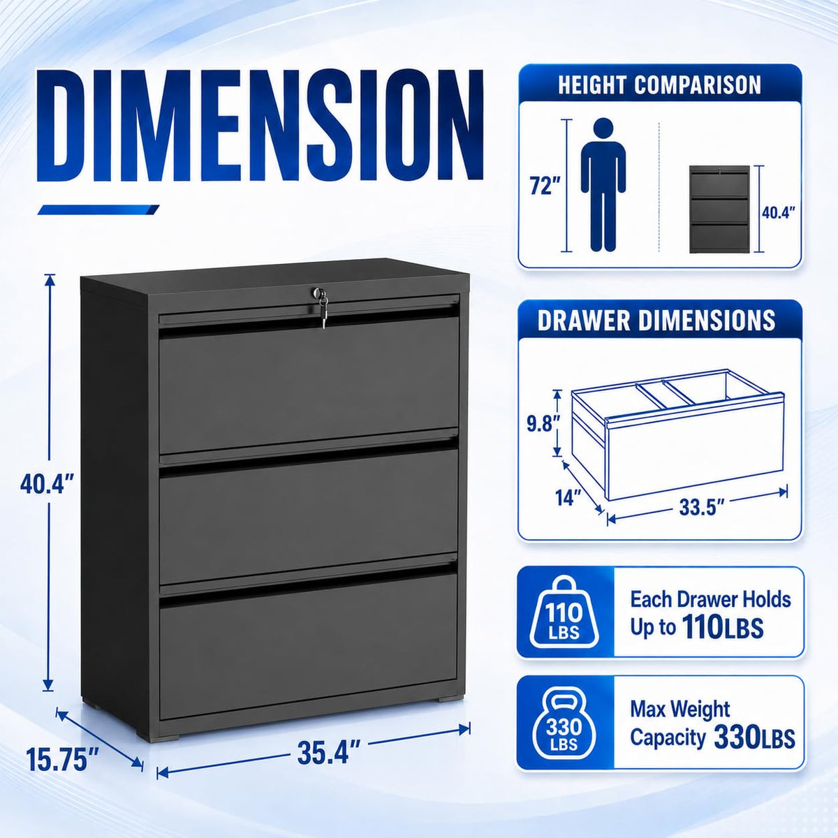 Black 3 Drawer Metal File Cabinet with Lock X6583