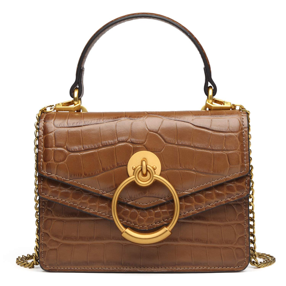 Croc Embossed Top Handle Leather Mini Crossbody Handbag Y709