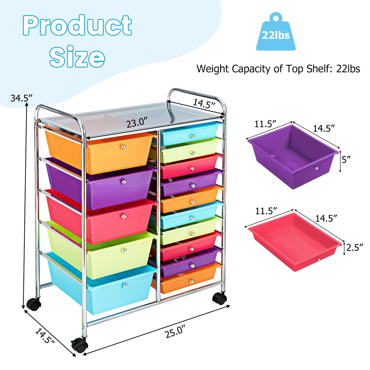 15 Drawer Rolling Storage Cart with Lockable Wheels A4331