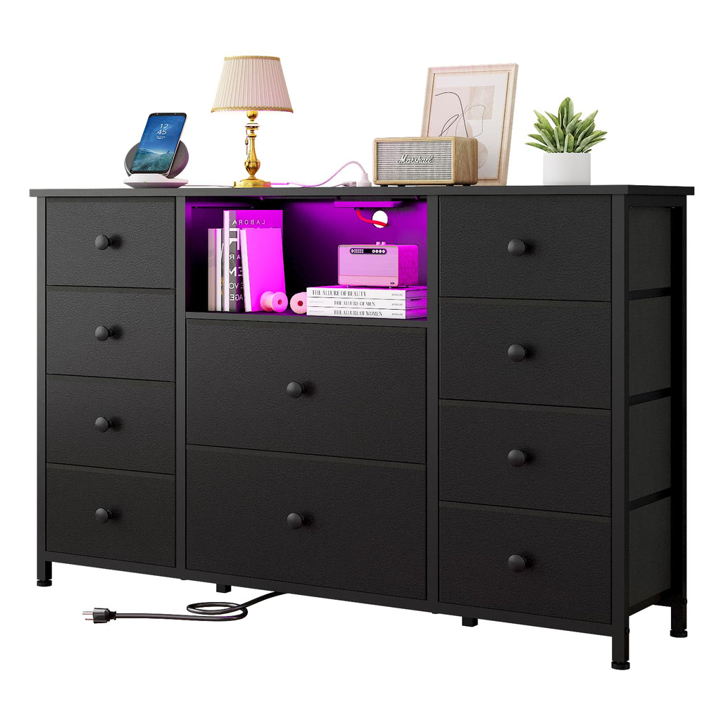Black Dresser with Charging Station and LED Lights T558
