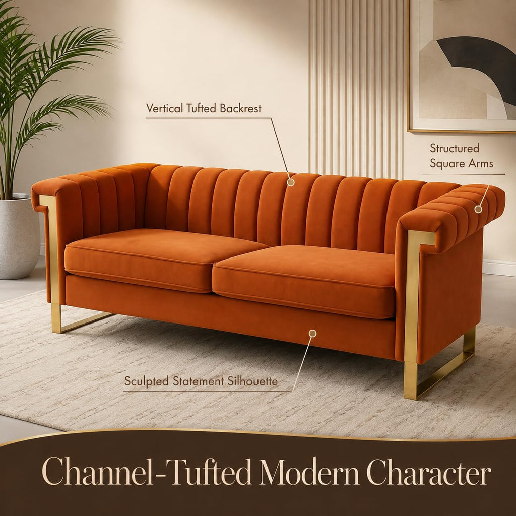 Orange Velvet Channel Tufted Sofa with Gold Metal Legs C7508