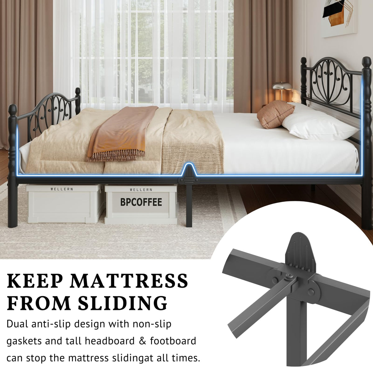 12" Metal Full Platform Bed Frame with Headboard D9718