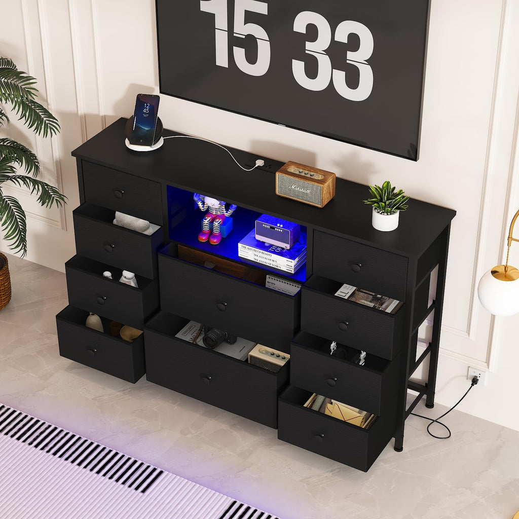 Black Dresser with Charging Station and LED Lights T558