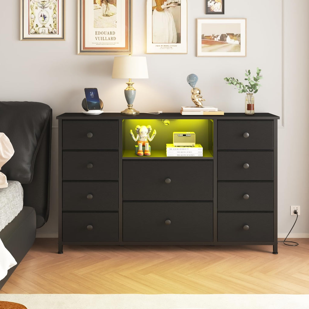 Black Dresser with Charging Station and LED Lights T558