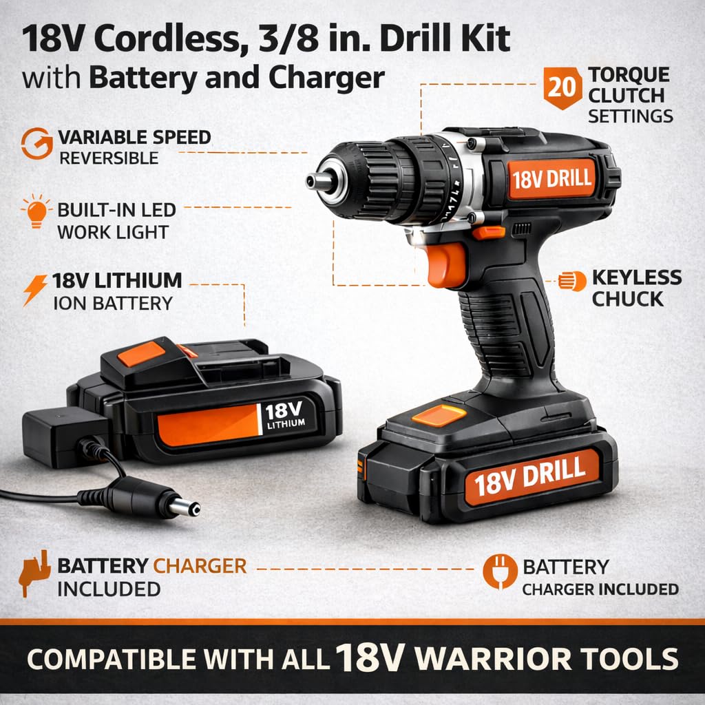 18V Replacement Battery and Charger Kit with 3/8" Cordless Drill Z536