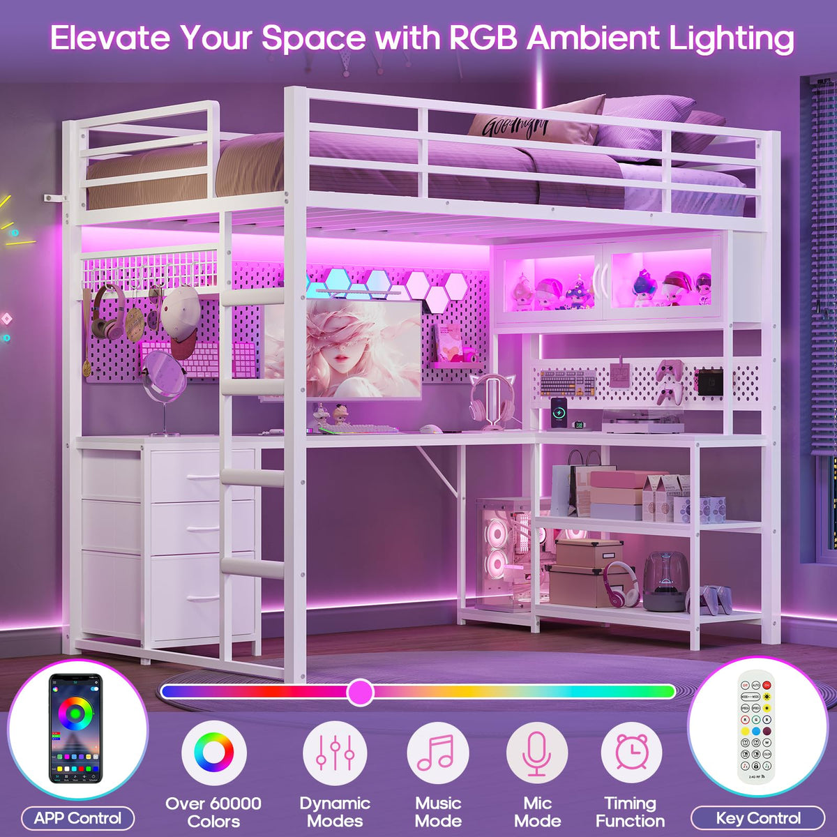 White Twin Gaming Loft Bed with Desk Q588