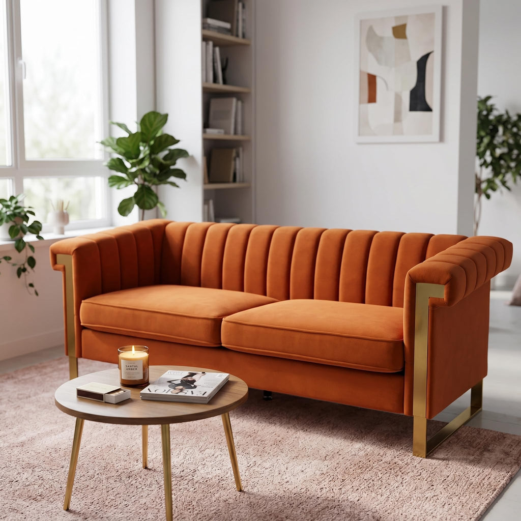 Orange Velvet Channel Tufted Sofa with Gold Metal Legs C7508