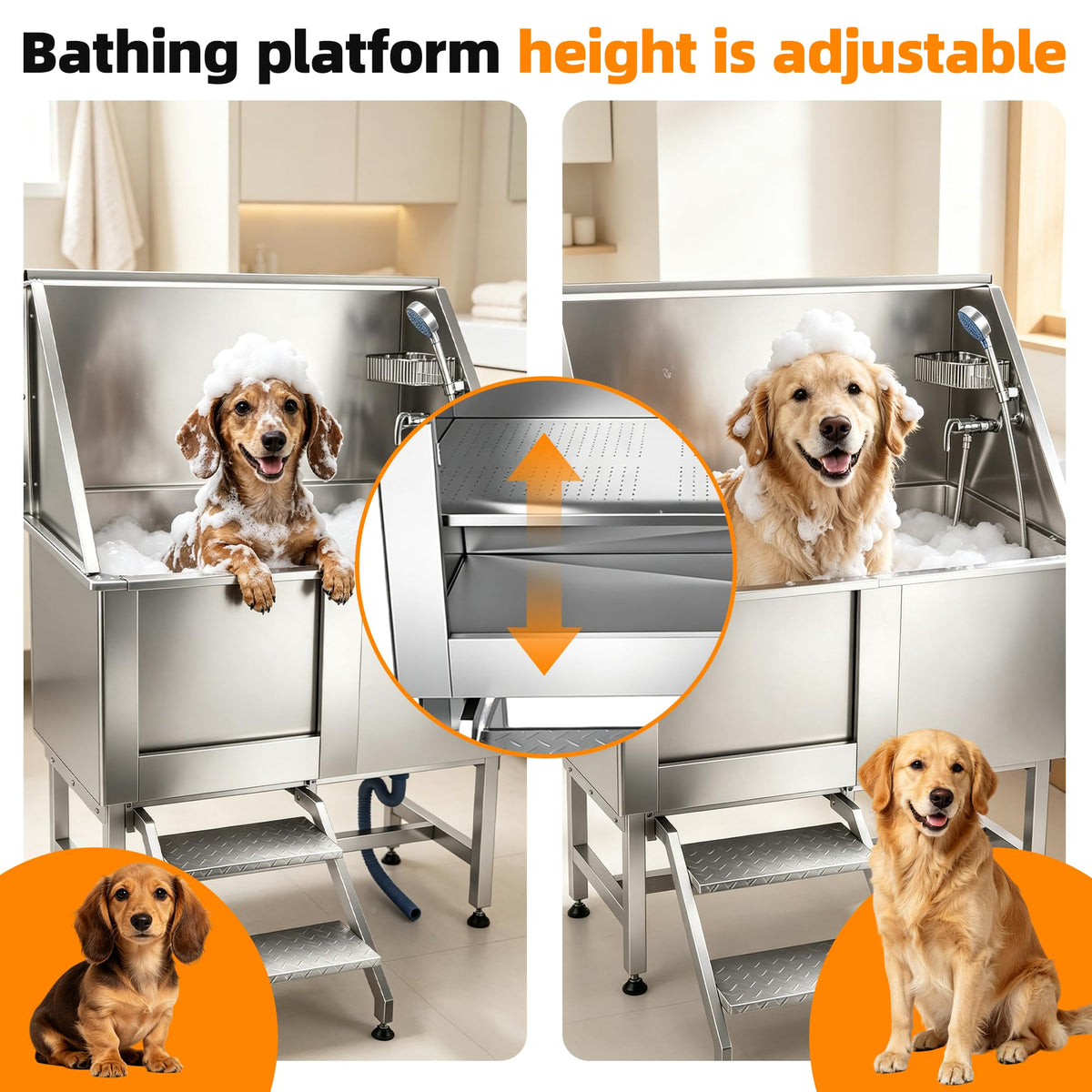 304 Stainless Steel Dog Washing Station with Stairs and 2 Drawers U319606