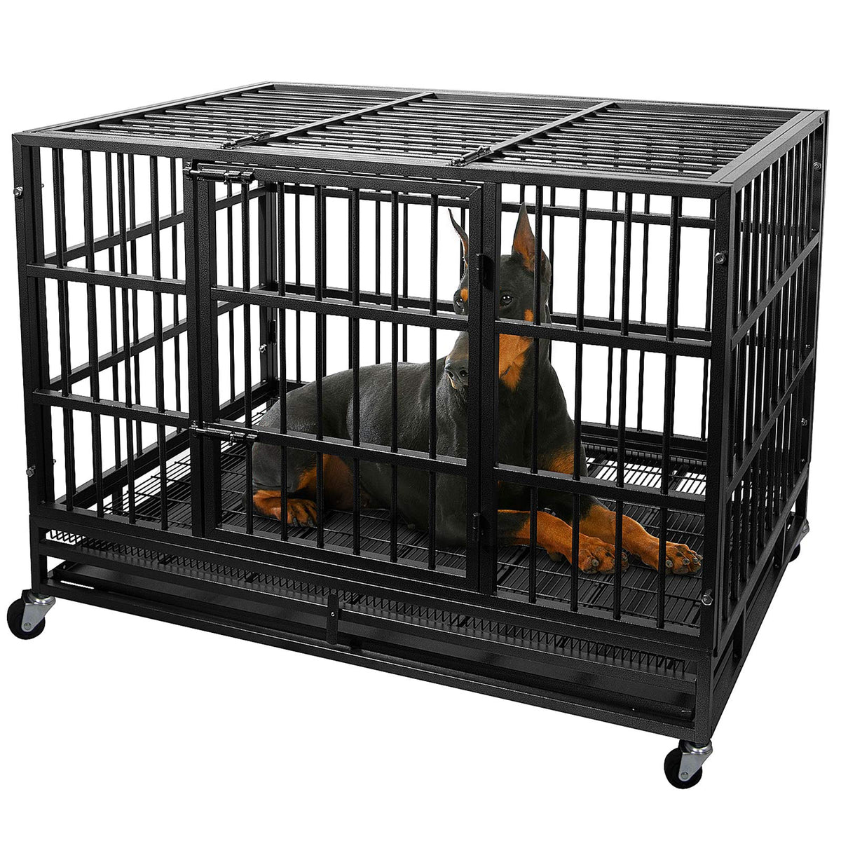 Heavy Duty 4 Wheels Double Door Metal Dog Crate 48 Inch E426