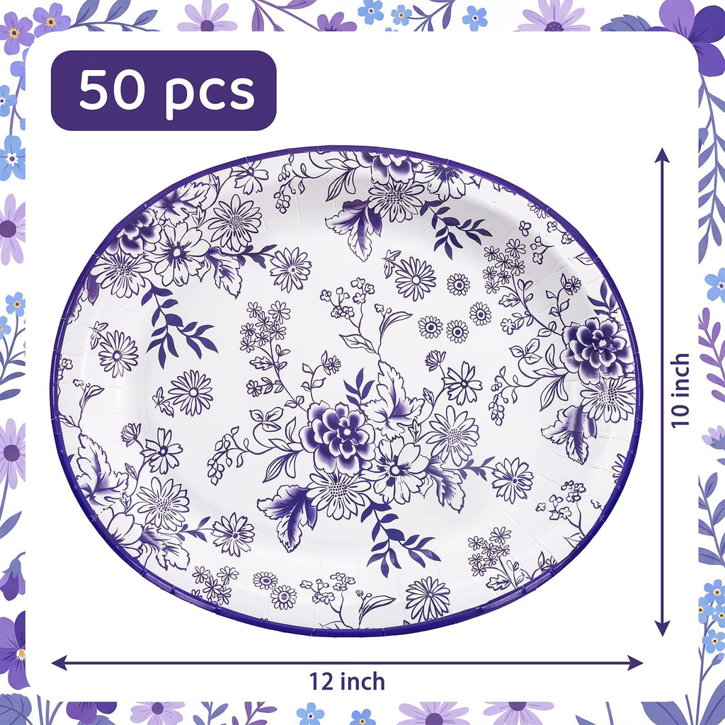 50 Pack Blue Floral Disposable Paper Plates S6070