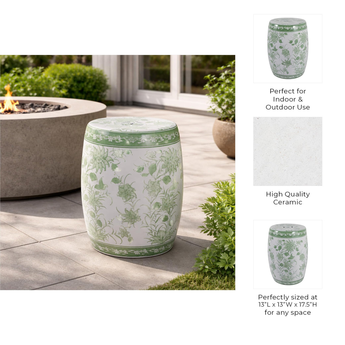 Green & White Chinoiserie Stool E651