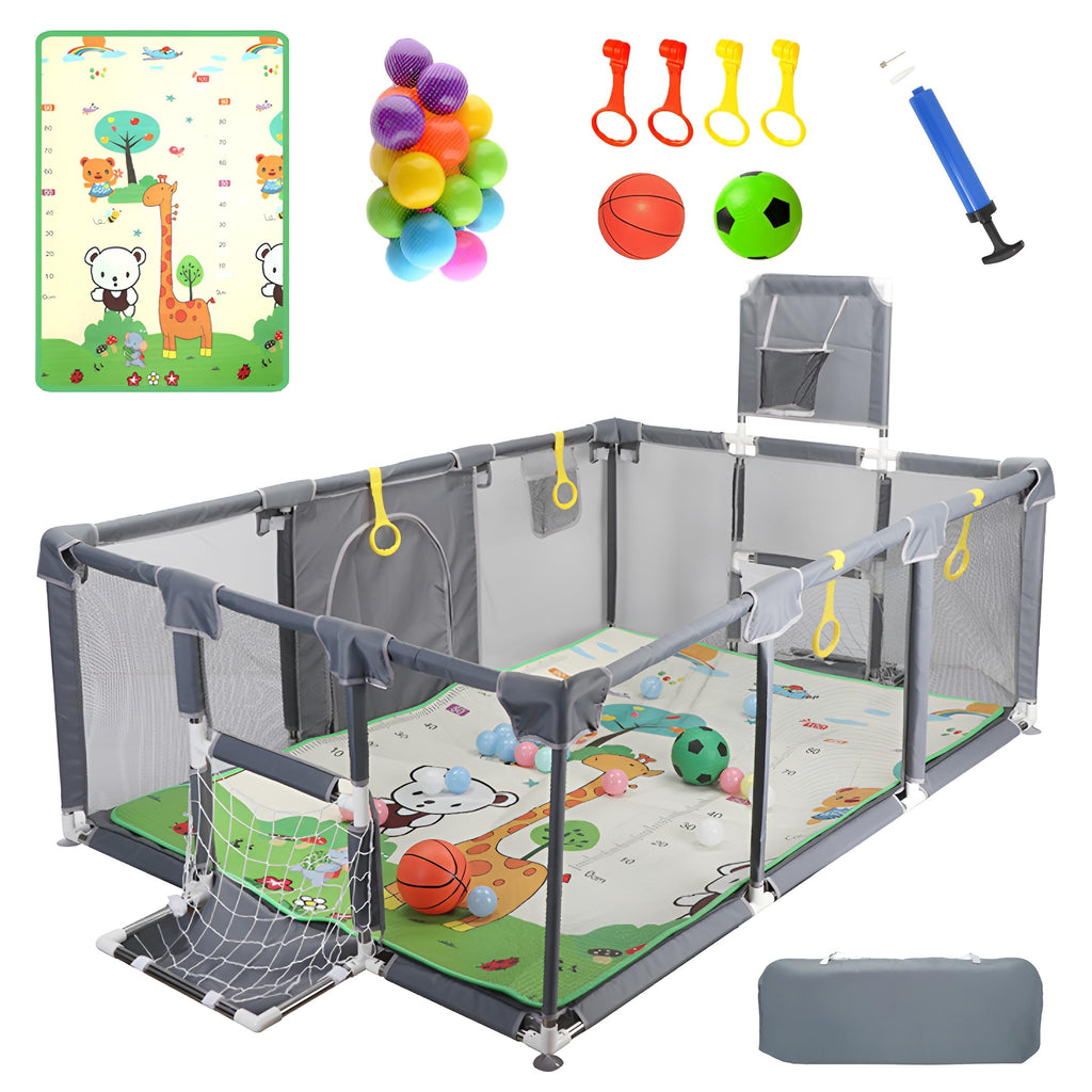 Large Baby Playpen with Foldable Mat, Basketball Hoop, Soccer Nets, 20 Balls, 4 Pull-Up Rings K2262