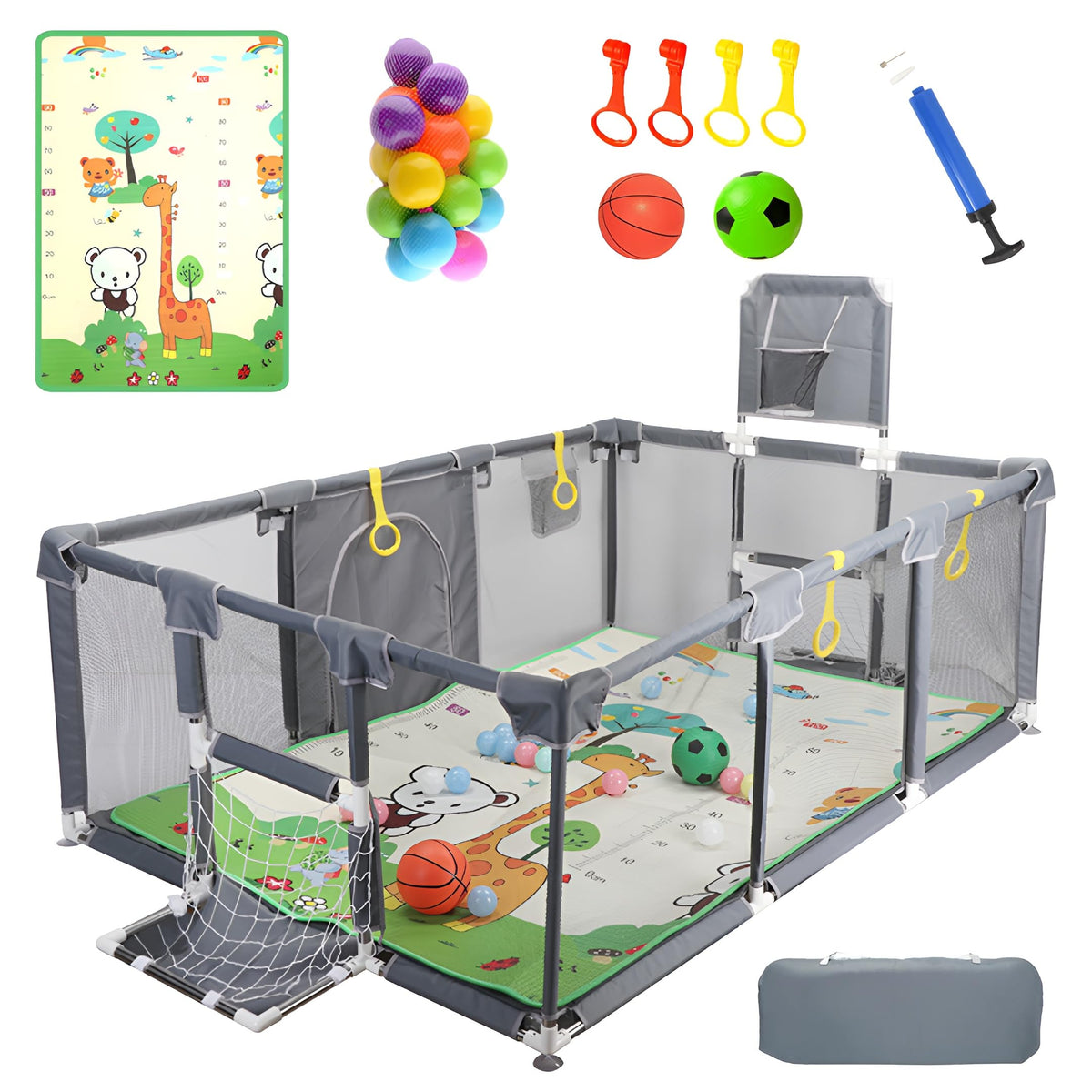 Large Baby Playpen with Foldable Mat, Basketball Hoop, Soccer Nets, 20 Balls, 4 Pull-Up Rings K2262