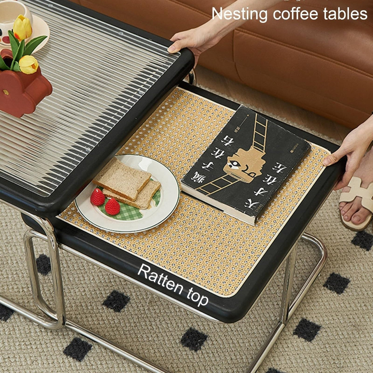 Mid Century Modern Coffee Table Set of 2 Square Metal Base C715553