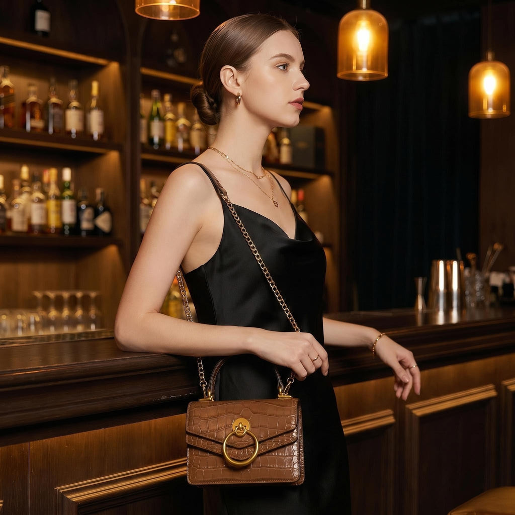 Croc Embossed Top Handle Leather Mini Crossbody Handbag Y709