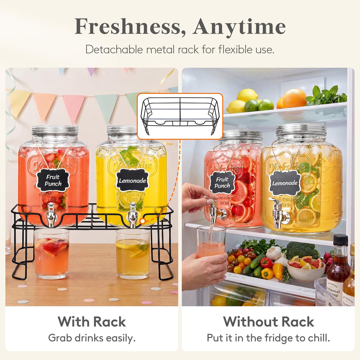 1.6 Gallon Glass Drink Dispenser with Stand & Fruit Infuser 2 Pcs W897