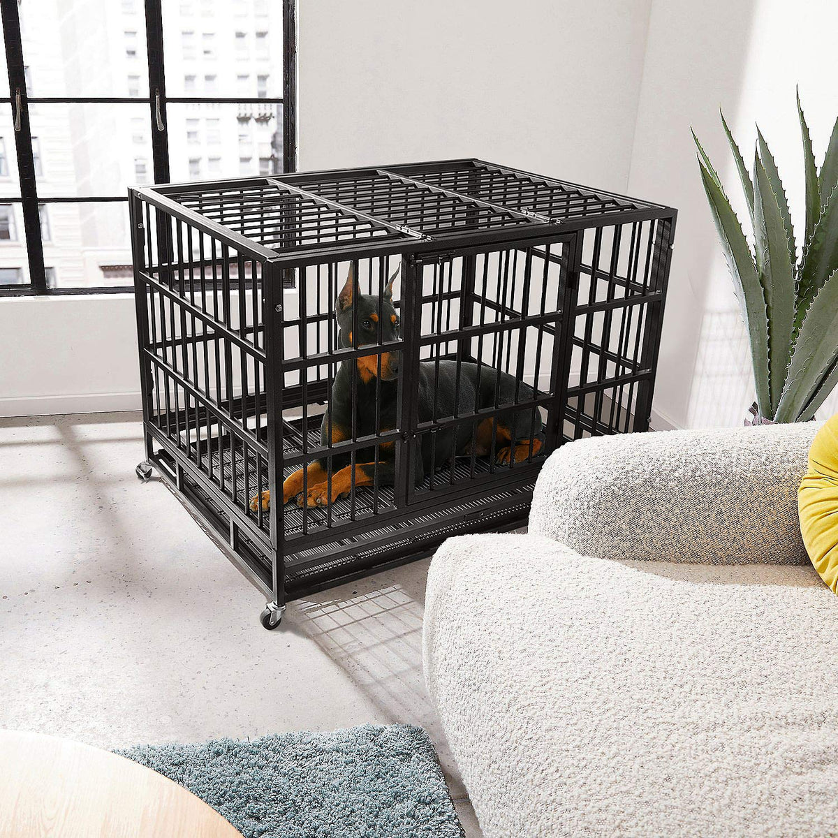 Heavy Duty 4 Wheels Double Door Metal Dog Crate 48 Inch E426