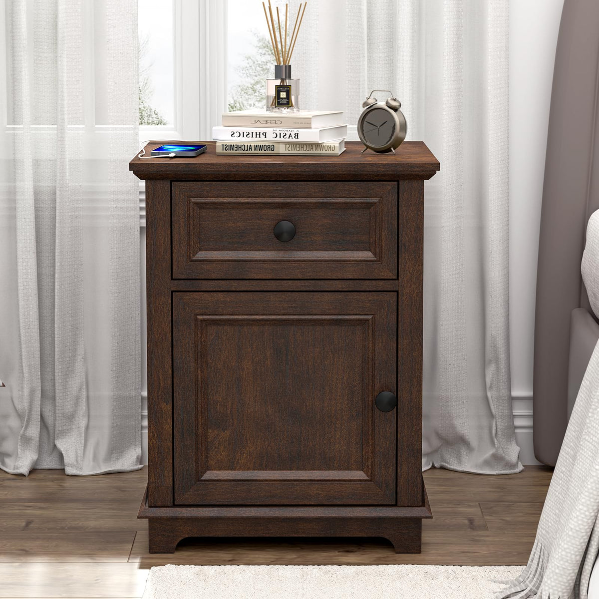 24" Tall End Table with Charging Station, Drawer & Storage Cabinet, Cherry W9702