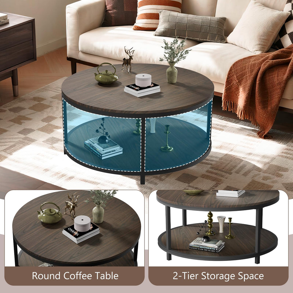 36" Round 2-Tier Coffee Table with Storage Shelf, Black Walnut K941929