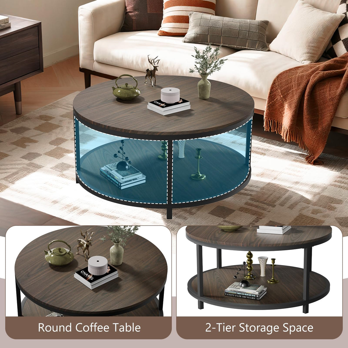 36" Round 2-Tier Coffee Table with Storage Shelf, Black Walnut K941929