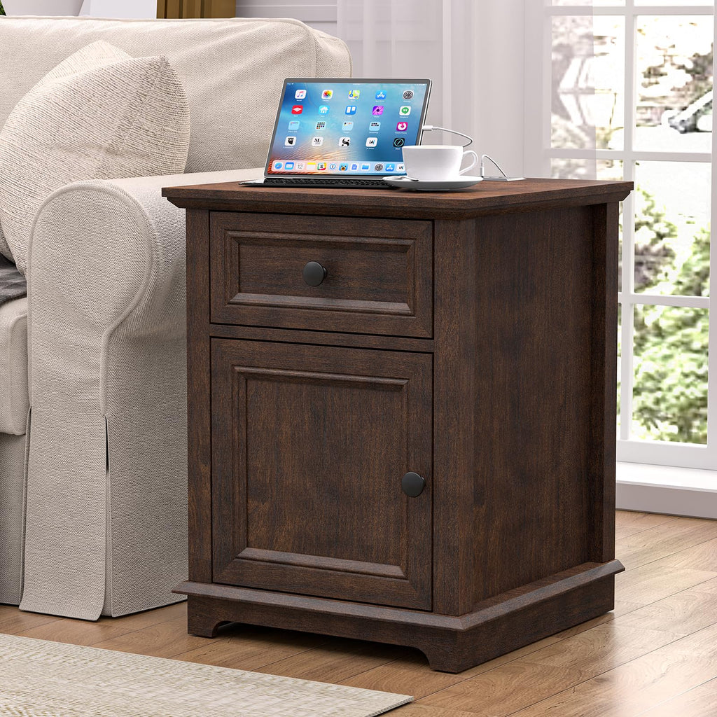 24" Tall End Table with Charging Station, Drawer & Storage Cabinet, Cherry W9702