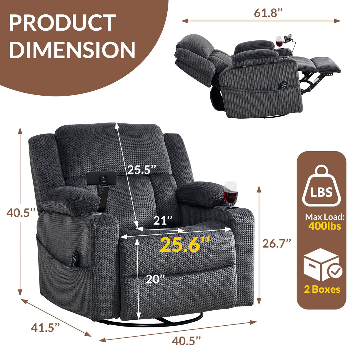 Oversized Power Recliner Chair with Massage and Heat, Grey H611